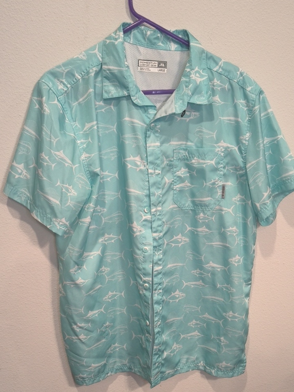 Men's Light Aqua Short-Sleeve Button-Down Shirt with Fish Print Large